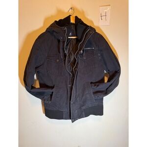 VTG Y2K Route 66 Jacket Hooded Canvas Bomber Utility Distressed Black Mens Small